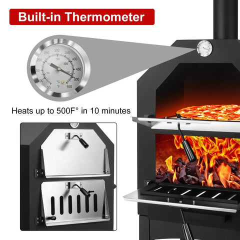 Wood Fired Outdoor Pizza Oven For Backyard Cooking With 12 Inch Pizza Stone Peel Grill Rack And Waterproof Cover shown with built-in thermometer and open door