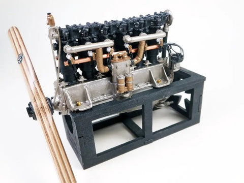 DIII Inline Engine Model Kit 1 To 16 Scale For WWI Aircraft With Metal And Wood Construction Laser Cut Basswood Parts Red Baron Historic Replica Totally Fun To Build displayed with propeller