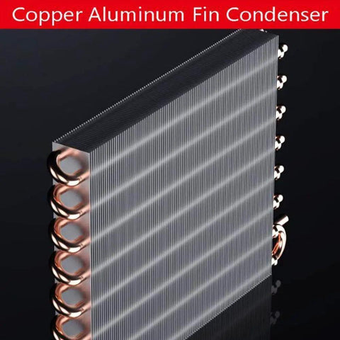 Copper aluminum fin condenser with visible rounded pipes and sleek design, ideal for HVAC systems and cooling applications.