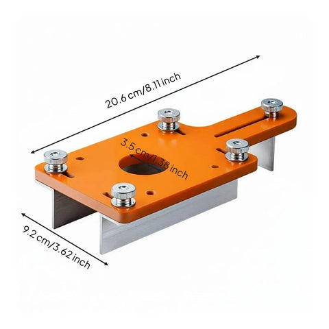 Precision Slotting Router Guide Jig Template Featuring Adjustable Clamping Block And Heavy Duty Metal Plate For Dead Accuracy On Cabinet And Drawer Build Projects with orange metal surface and bronze clamps.