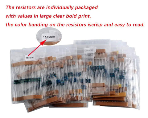 Individual bags of 1M Ohm resistors from Resistor Kit 1460 Pieces With 73 Values Of 20 Each, 0.25W 1% Metal Film, ROHS.