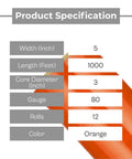 Tough As Nails Heavy Duty 5 Inch Stretch Wrap 12 Pack With Quick Grip Handle 1000 Feet Rolls 80 Gauge Dark Orange Plastic Cling showing product specifications.