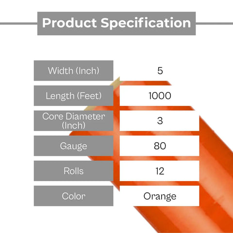 Tough As Nails Heavy Duty 5 Inch Stretch Wrap 12 Pack With Quick Grip Handle 1000 Feet Rolls 80 Gauge Dark Orange Plastic Cling showing product specifications.
