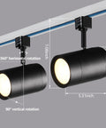 Shop Ready Retail Pro Series 17.5W LED H Track Lighting Heads For Stores And Restaurants Commercial Dimmable Track Lights With ETL Listed CRI90 3000K Matte Black showing dimensions and rotation angles with focus on the adjustable matte black track heads.