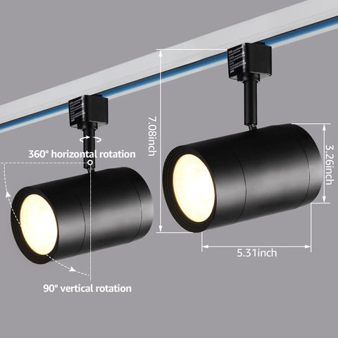 Shop Ready Retail Pro Series 17.5W LED H Track Lighting Heads For Stores And Restaurants Commercial Dimmable Track Lights With ETL Listed CRI90 3000K Matte Black showing dimensions and rotation angles with focus on the adjustable matte black track heads.