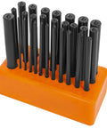Pro Grade Transfer Punch Set 28 Piece Long Punches 3/32 Inch To 1/2 Inch Heat Treated Alloy Steel Kit on orange base