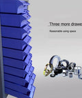 Side view of blue drawers in 60-Drawer Tool Parts Storage Cabinet Organizer With Steel And Plastic Drawers For Hardware And Craft Projects, Repair Tool Organizer Unit No Door Front, Heavy Duty Workshop Storage, 21 By 9 By 35 Inches, next to metal parts.