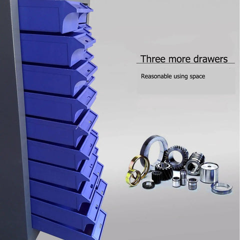 Side view of blue drawers in 60-Drawer Tool Parts Storage Cabinet Organizer With Steel And Plastic Drawers For Hardware And Craft Projects, Repair Tool Organizer Unit No Door Front, Heavy Duty Workshop Storage, 21 By 9 By 35 Inches, next to metal parts.