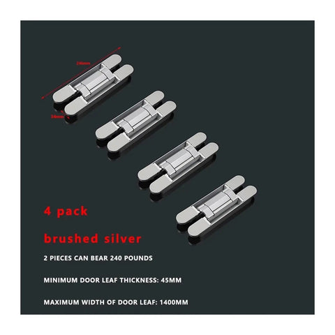 Four Piece Invisible Secret Door Hinges Set With Hidden Three Dimensional Cross Adjustment for Wooden Doors, brushed silver