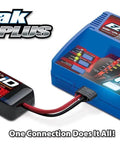 Killer Plug And Play Four Amp Fast Charger For Rc NiMh And LiPo Packs With Smart Auto Id Recognition and Precision Peak Detection For Smooth Sailing, showing LiPo battery and charger.