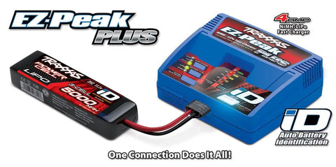 Killer Plug And Play Four Amp Fast Charger For Rc NiMh And LiPo Packs With Smart Auto Id Recognition and Precision Peak Detection For Smooth Sailing, showing LiPo battery and charger.