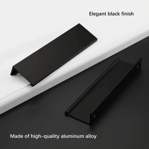 Matte Black 5 Inch Cabinet Pulls For Cabinets And Kitchens 10 Pack Aluminum Finger And Edge Pulls laid flat with elegant black finish