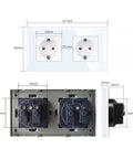 Built Tough Dual Schuko Wall Socket Slick Tempered Glass Panel with dimensions for installation and child-proof shield features