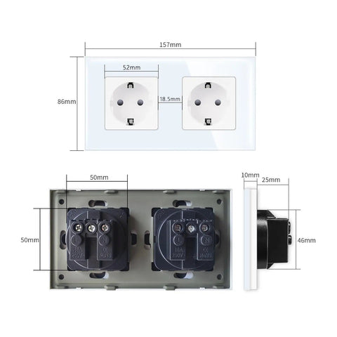 Built Tough Dual Schuko Wall Socket Slick Tempered Glass Panel with dimensions for installation and child-proof shield features
