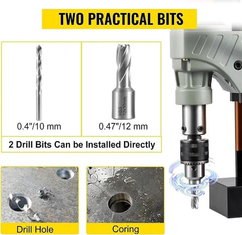 Two drill bits for Heavy Duty 1200W Magnetic Drill Press Rock Solid Electric Mag Bench Tapping Rig, sizes 10mm and 12mm.