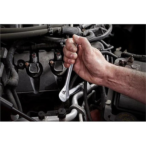 Kickass 191 Piece Mechanics Tool Set With Deep Socket Wrenches Ratchets Hardened Chrome Steel For Underhood Auto Repair and Garage Builds Beast Mode Workhorse, hand using ratchet on engine.