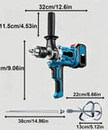 Tough As Nails Two In One Cordless Drill And Cement Mixing Tool With Two Speed Torque Control One Eighty Degree Rotatable Chuck LED Work Light Blue with measurement details.