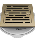 4 Inch Square Shower Floor Drain Champagne Gold Tile In Kit with adjustable brass grate and removable strainer for bathroom.