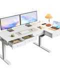 L Shaped Electric Standing Desk With Four Wooden Drawers 55 Inch Height Adjustable Corner Desk With Power Outlets Space Saving Sit Stand Table For Home Office White Ideal For Any Space setup with monitors and lamp.