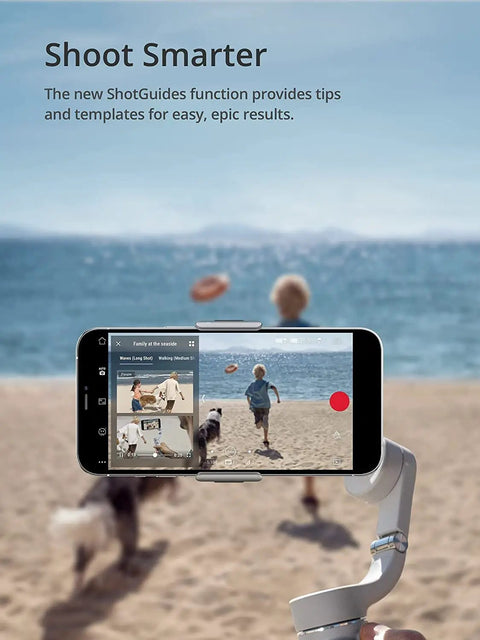 Smooth Mobile Gimbal With Built In Extension Rod capturing video on beach with phone; three-axis stabilizer for Android and iPhone.
