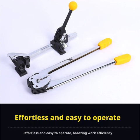 Heavy Duty Manual Strapping Machine With Dual Purpose Tensioner And Sealer For Paper And Plastic Bands, featuring yellow rubber grips.