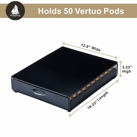 Space Saving Coffee Pod Organizer In A Sleek Black Metal Stand Holds 50 Pods, dimensions shown