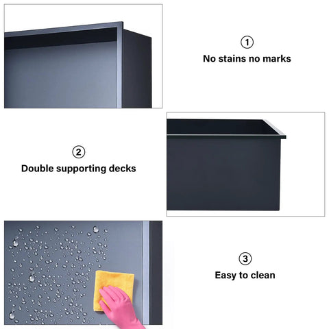 Close-up features of Black Stainless Shower Niche Shelf 12.5 X 12.5 X 4.7 Inches, including easy to clean surface.