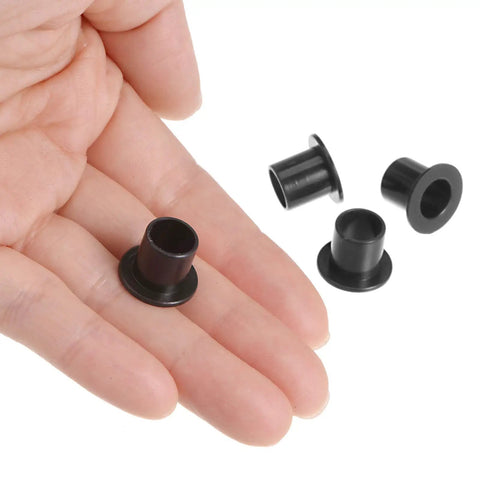 4 Pack Flanged Nylon Sleeve Bearings For Shafts, Self Lubricating Black Bushings, shown on a hand, 8.2mm bore, low friction