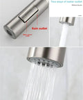 Close-up of Black Pull Out Deck Mounted Flexible Hot Cold Stream Shower Modes Nozzle Faucet with dual water outlets.