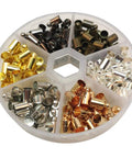 Assorted Dope Brass Cord End Caps Glue In 5x9mm kit with 180 pcs in 6 colors for jewelry making and crafts.