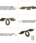 Vintage Style Leaf Drawer Pulls for Cabinets and Dressers in Bronze Finish, top and side views with installation screws