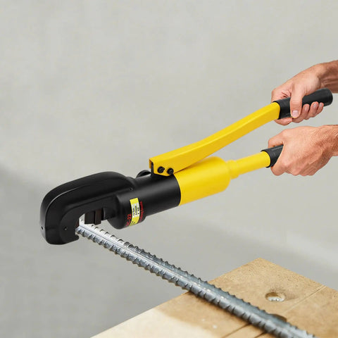 Heavy Duty Hydraulic Rebar Cutter 13 Ton Cuts Up To 22mm Steel Rods being operated on a steel rod on a wooden surface.