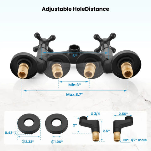Back view of Wall Mount Kitchen Sink Faucet With Double Cross Handles, adjustable hole distance, 6 Inch Center Hole details.