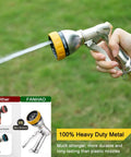 Person using Heavy Duty Metal Hose Nozzle Sprayer With 7 Spray Patterns For High Pressure Watering And Car Wash, Zinc Alloy Construction