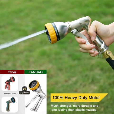 Person using Heavy Duty Metal Hose Nozzle Sprayer With 7 Spray Patterns For High Pressure Watering And Car Wash, Zinc Alloy Construction