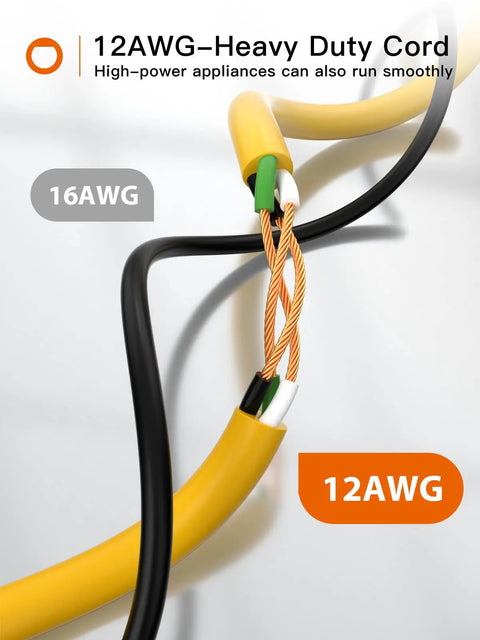 Close-up of 25 Ft Outdoor Extension Cord 12 Gauge SJTW Heavy Duty Waterproof Yellow with exposed wire strands