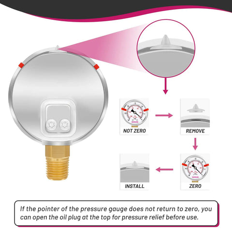 Glycerin Filled Vacuum Pressure Gauge That Holds Up With A Two And A Half Inch Dial Stainless Steel Case Red Range Mark For Safe Operation Minus Thirty In Hg To Zero For Vacuum Pumps Tanks And Systems With One Quarter Inch NPT Lower Mount Built For, rear view with oil plug instructions