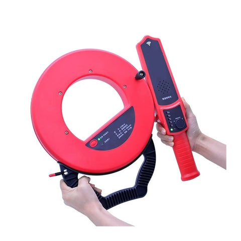 The Slick Wireless Wall Scanner And Heavy Duty Pipe Detector With Tough Waterproof Probe For Hunting Hidden Blockages And Wooden Studs With Easy Dial Up Sensitivity, red handheld device with probe.