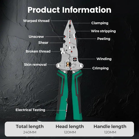 All-In-One Foldable Wire Stripper With Voltage Tester tool with labels for stripping, peeling, crimping, and cutting features