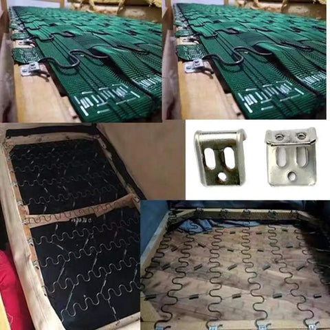 Easy Fix No Sag Spring Clips Furniture Repair Kit showing clips and zigzag springs on sofa frame