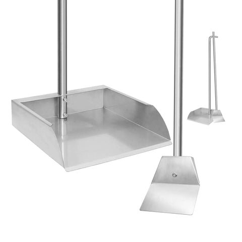 Heavy Duty Stainless Steel Pooper Scooper Set With 33.4 Inch Upright Dustpan And Spade For Indoor Outdoor Pet Waste Cleanup No Fuss Easy Wash Rustproof Durability Extra Long Handle Ergonomic Comfort For Quick Cleanup showing dustpan and spade.