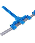 Heavy Duty Aluminum Dowel Punch Locator Drill Guide For Woodworking And Cabinet Hardware Mounting showing accurate blue measuring tool.