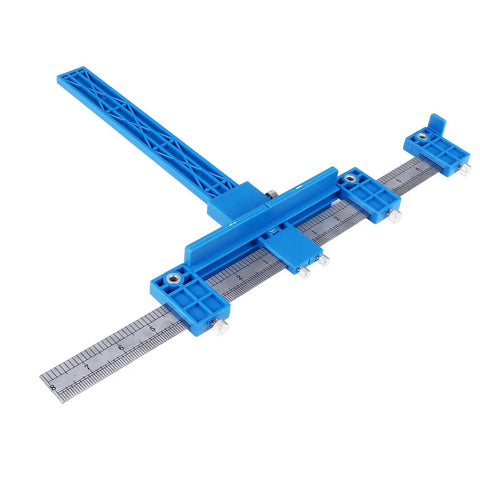 Heavy Duty Aluminum Dowel Punch Locator Drill Guide For Woodworking And Cabinet Hardware Mounting showing accurate blue measuring tool.