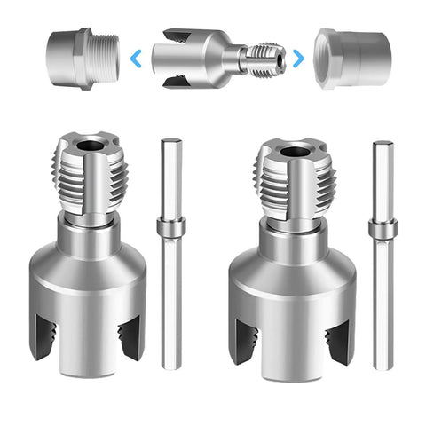 All In One Pipe Threading Tool Kit For One Half And Three Quarter Inch PVC Water Pipes Internal And External Threading Opens Threads Fast Pro Grade Universal Compatibility With PPR MPP Piping Fits Electric Drill 2025 Model components showing cutters and adapters.