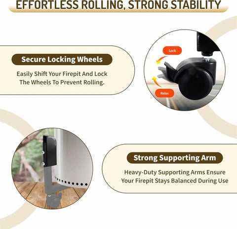 Close-up of secure locking wheels and supporting arms on the Beefy Rolling Stand With Telescopic Handle For 19.5 Inch Smokeless Fire Pits, 22 Inch Portable Fire Pit Stand, Heavy Duty Outdoor Trolley Base For Patio Backyard And Camping.