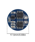 Top Tier Six Piece 2S Lithium Battery BMS Board With 5A Steady And 7A Burst Current Guard For 18650 Cells showing the PCB with dimensions 17.5mm round.