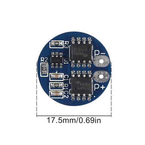 Top Tier Six Piece 2S Lithium Battery BMS Board With 5A Steady And 7A Burst Current Guard For 18650 Cells showing the PCB with dimensions 17.5mm round.