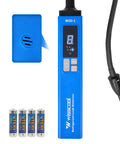 Front view of blue WISSCOOL WSD-1 HVAC refrigerant leak detector with numeric LCD, probe, and four AA batteries.