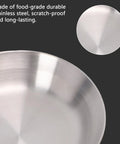 Close-up of stainless steel from Portable Stainless Steel Camping Mess Kit With Double Layer Cup And Thickened Bowl And Plate.
