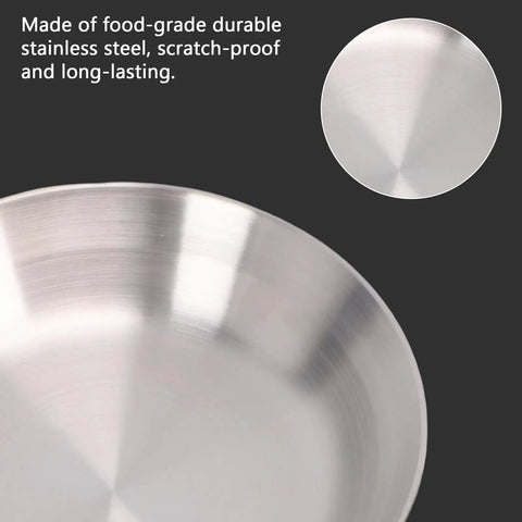 Close-up of stainless steel plate from Stainless Steel Camping Mess Kit With Plates Bowls Double Layer Vacuum Cups Knives Forks Spoons And Storage Bag For Easy Campouts Picnics Beach Trips And Travel Gear.